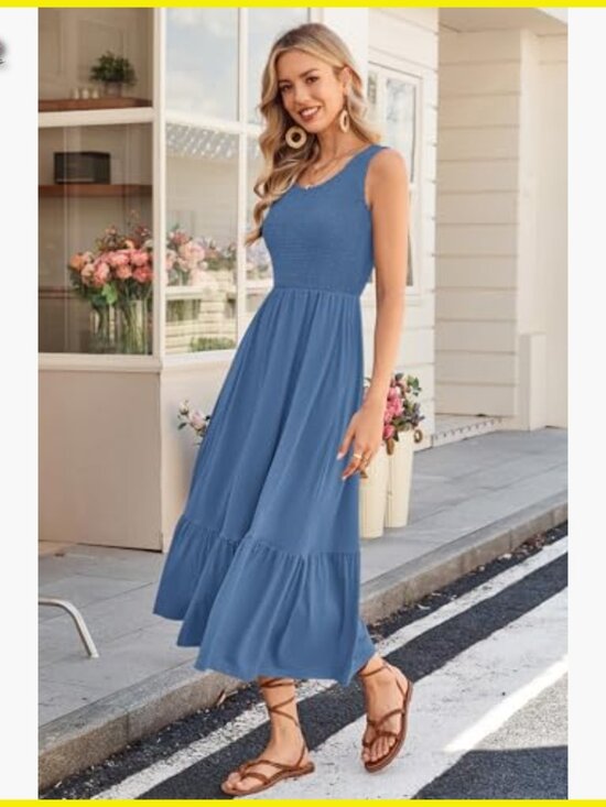 Sleeveless Maxi Dress Smocked Empire Waist Tiered Summer Sundress with Pockets - Picture 3 of 6